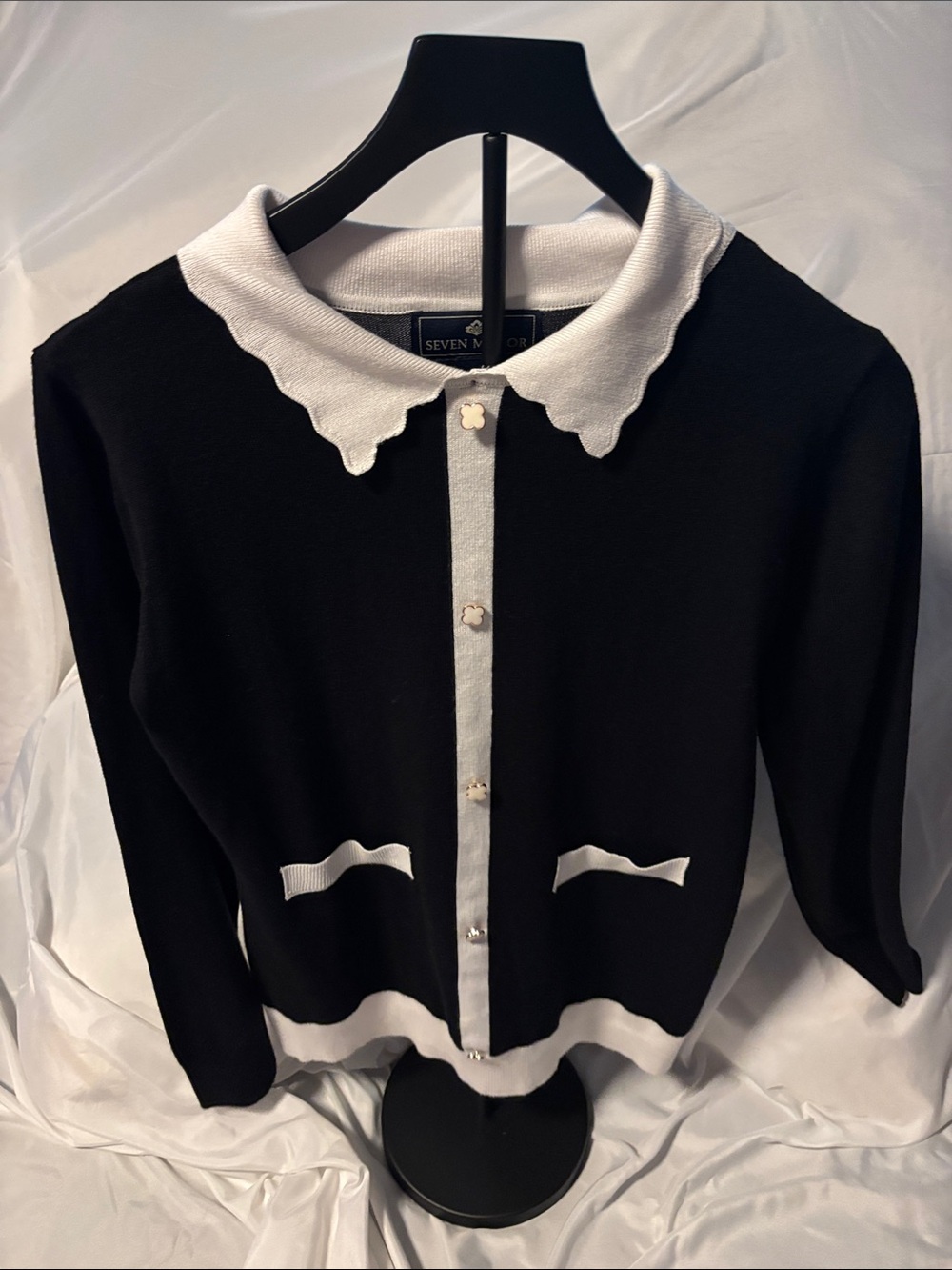 Seven Manor Black & White Scalloped Collar Cardigan. Wednesday sweater!
